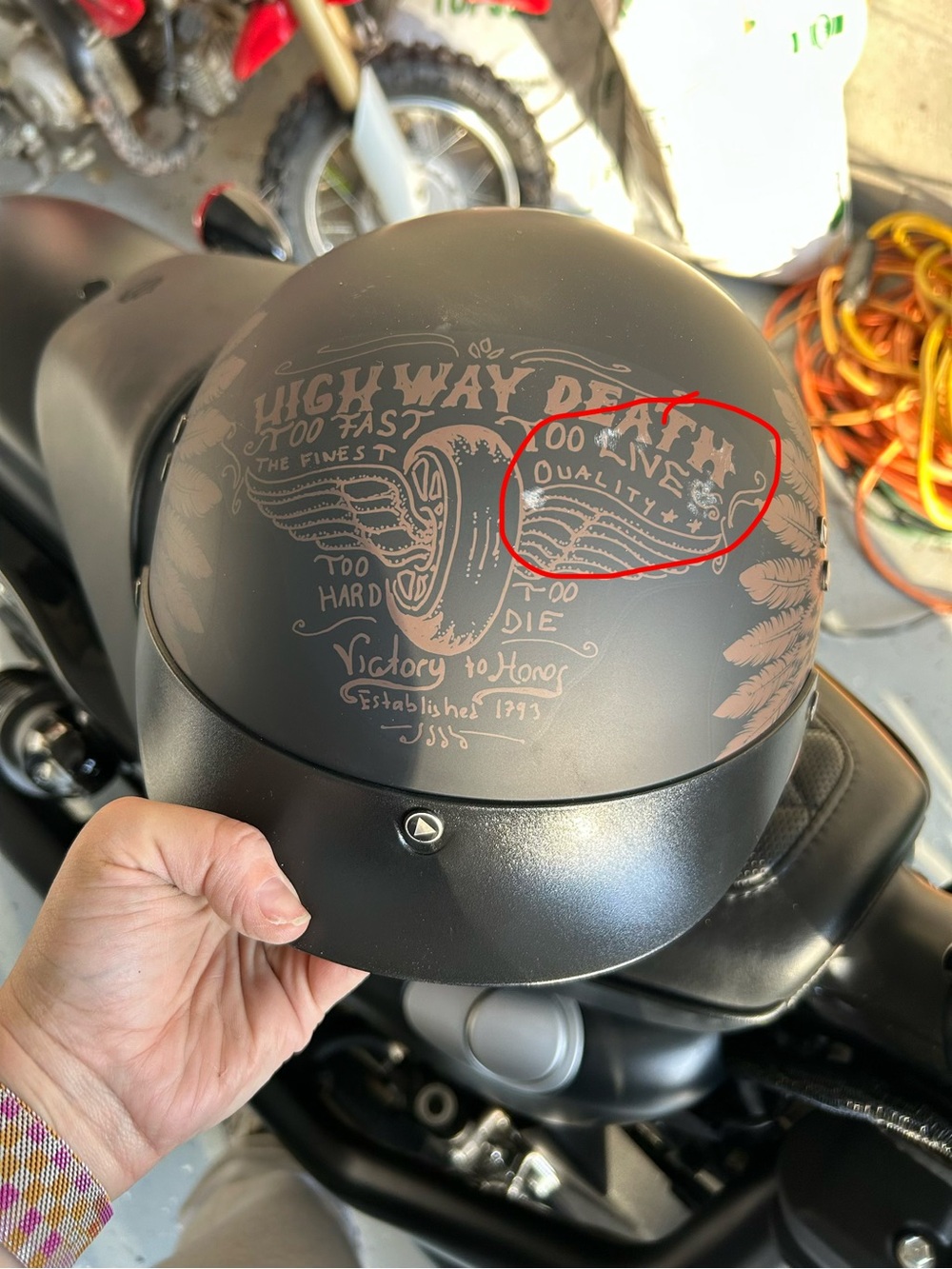 Matte Black Graphic Half Helmet with Vintage Wing Design